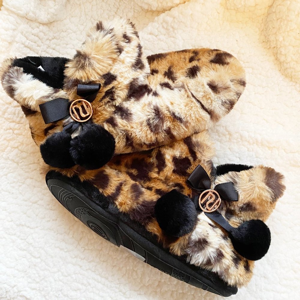 River Island Leopard Faux Fur Slipper Boots with Pom Poms